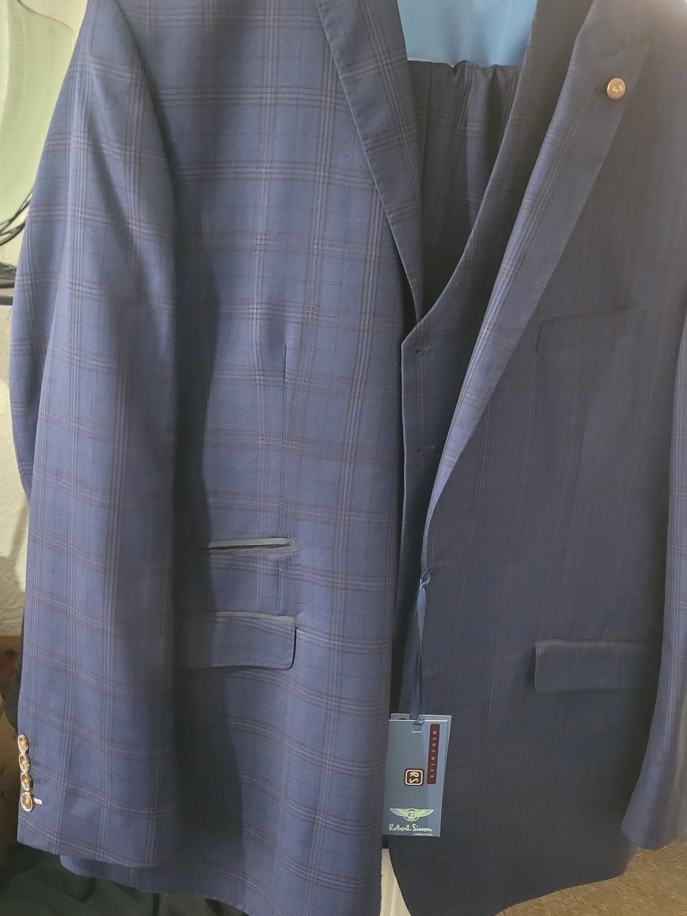 Men's Blue Plaid Two-Button Suit Jacket